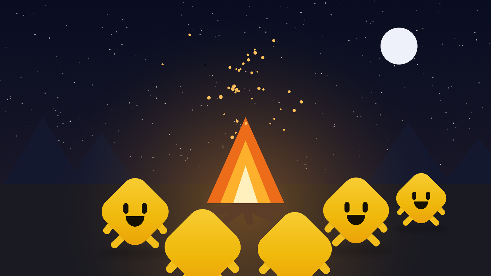 BiBi and friends gathered around a campfire at night