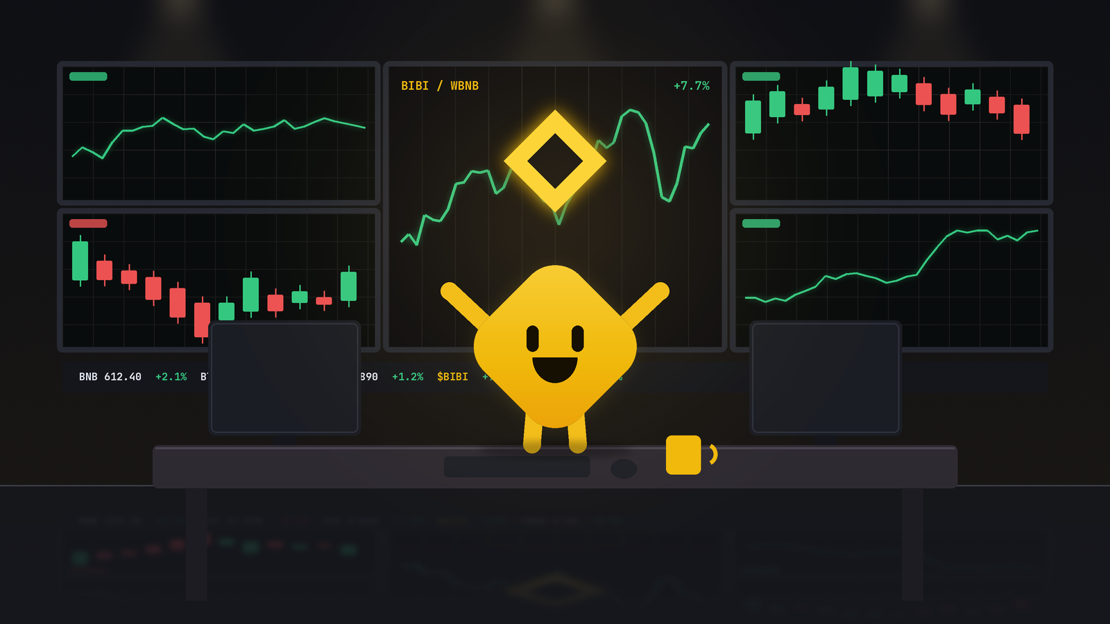 BiBi on a trading floor in front of a wall of charts