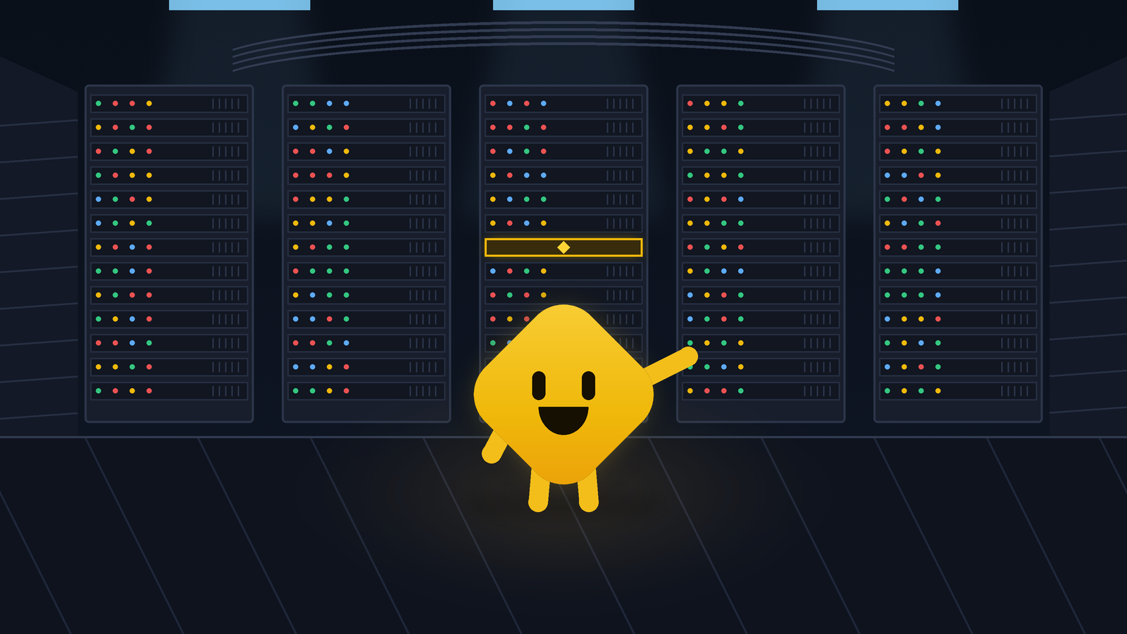 BiBi glowing warmly from a rack slot in a dark server room