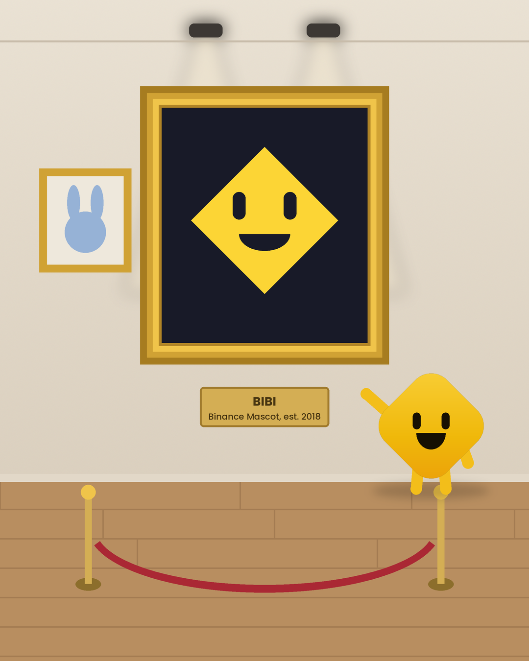 BiBi standing proudly beside his own gold-framed museum portrait, labelled 'BIBI — Binance Mascot, est. 2018'